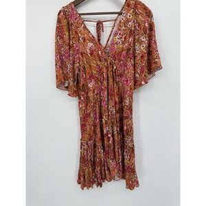 Mahina Floral V-Neck Babydoll Dress Flutter Sleeve Tiered Boho Orange Pink M